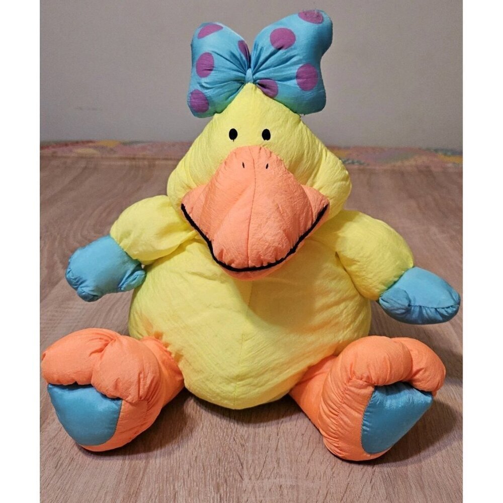 1990 Stuffins Lumpy's Gang Yellow Neon Duck Stuffed Animal Nylon Plush 15"